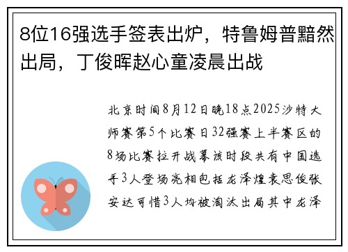8位16强选手签表出炉，特鲁姆普黯然出局，丁俊晖赵心童凌晨出战