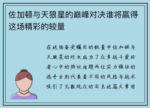 佐加顿与天狼星的巅峰对决谁将赢得这场精彩的较量